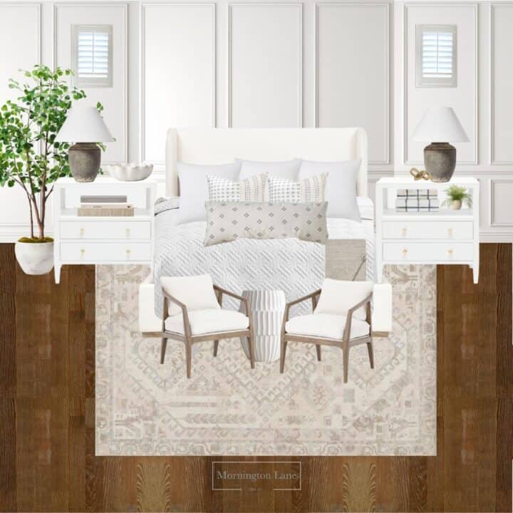 Primary bedroom design board with a creamy linen upholstered bed frame with light wood feet, flanked by large, two drawer white nightstands and decor. A beige muted rug is on the hardwood floor with wood and upholstered chairs and a dome accent table at the foot of the bed.