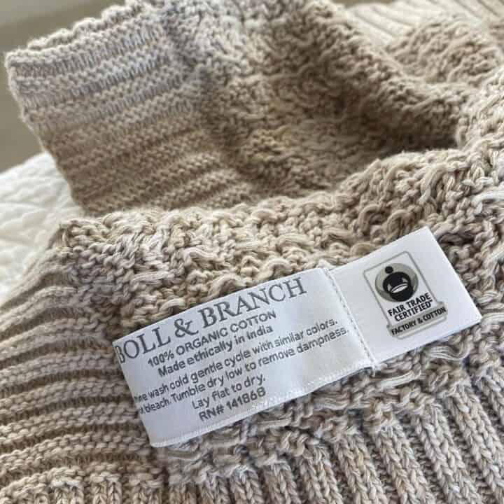 Organic cotton bedding label from Boll and Branch, specifying country of origin