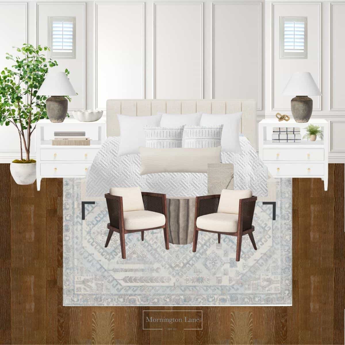 Primary bedroom design board with an upholstered channel back bed frame with metal legs, flanked by large, two drawer white nightstands and decor. A blue-grey muted rug is on the hardwood floor with cane accented barrel chairs and a dome accent table at the foot of the bed.