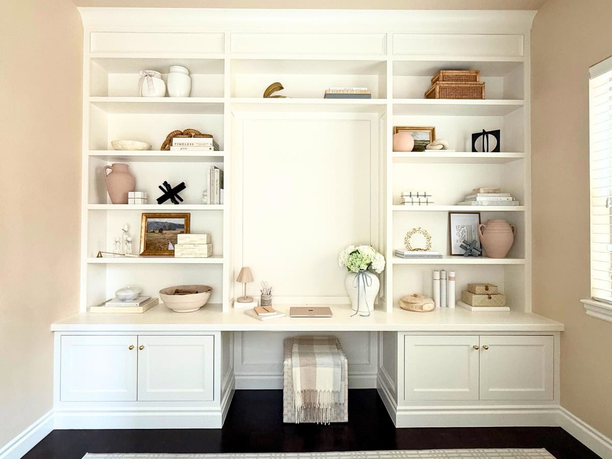 painted white custom home office built-ins