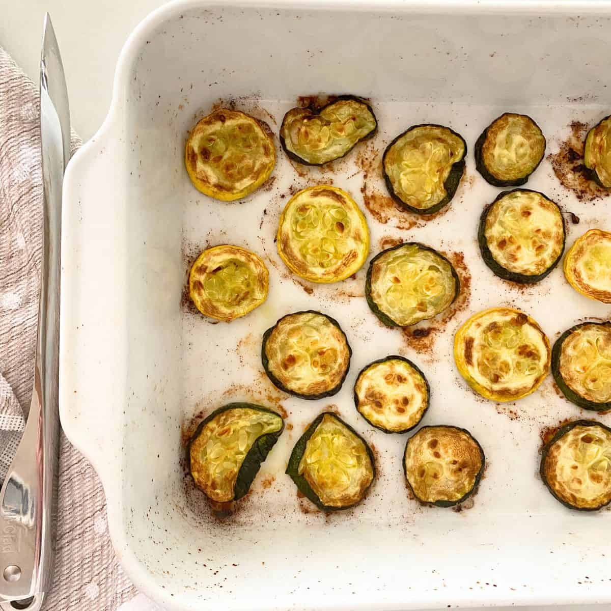 roasted vegetables in porcelain roasting pan