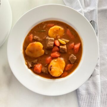 traditional beef stew served in white porcelain bowl