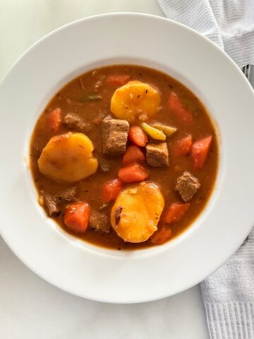 traditional beef stew served in white porcelain bowl