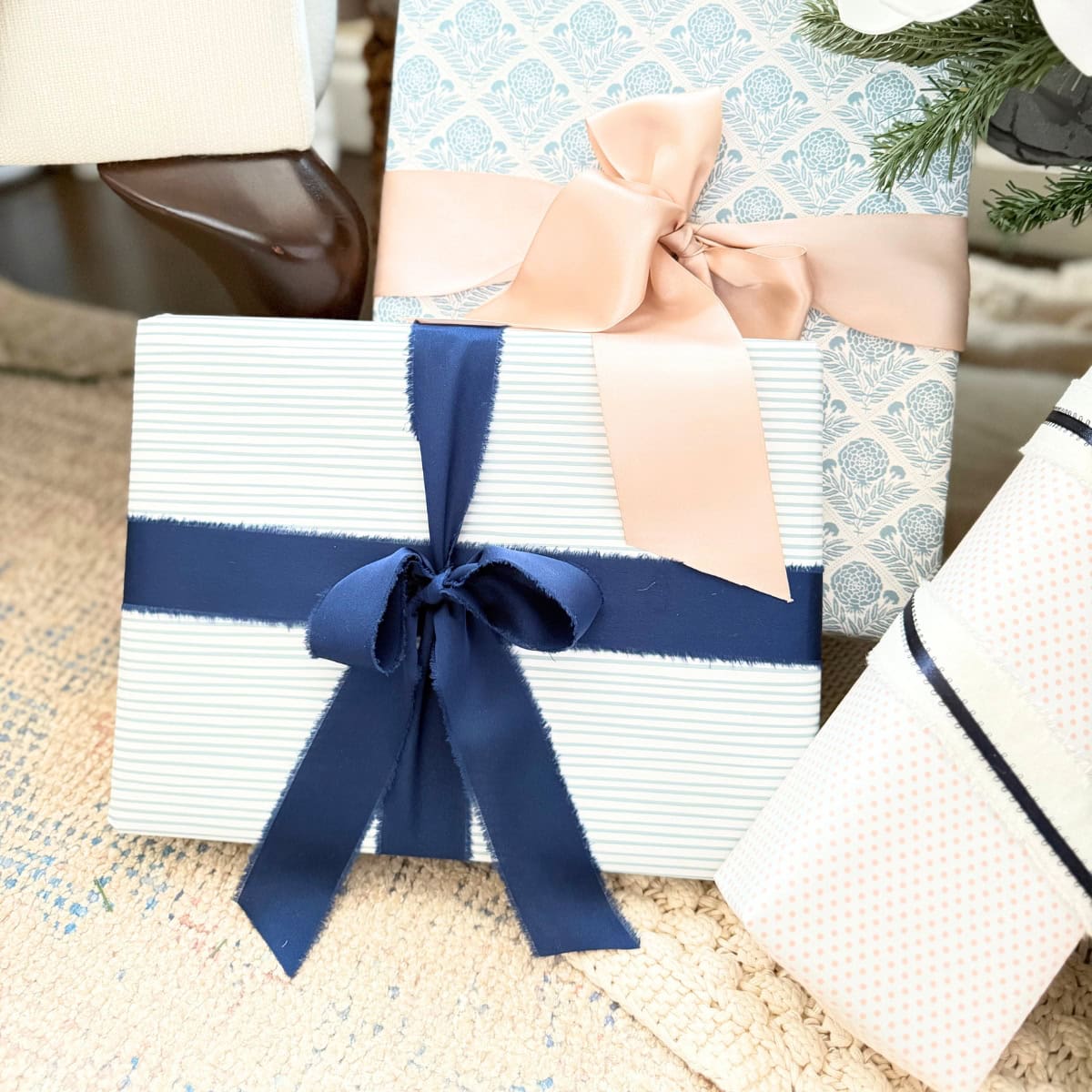 navy bow on christmas present