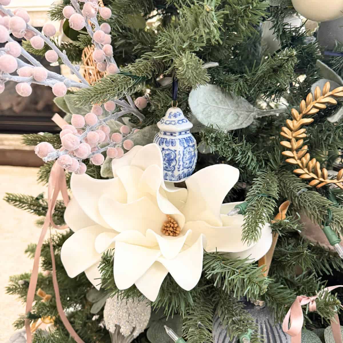blue and white ginger jar christmas ornament styled on tree