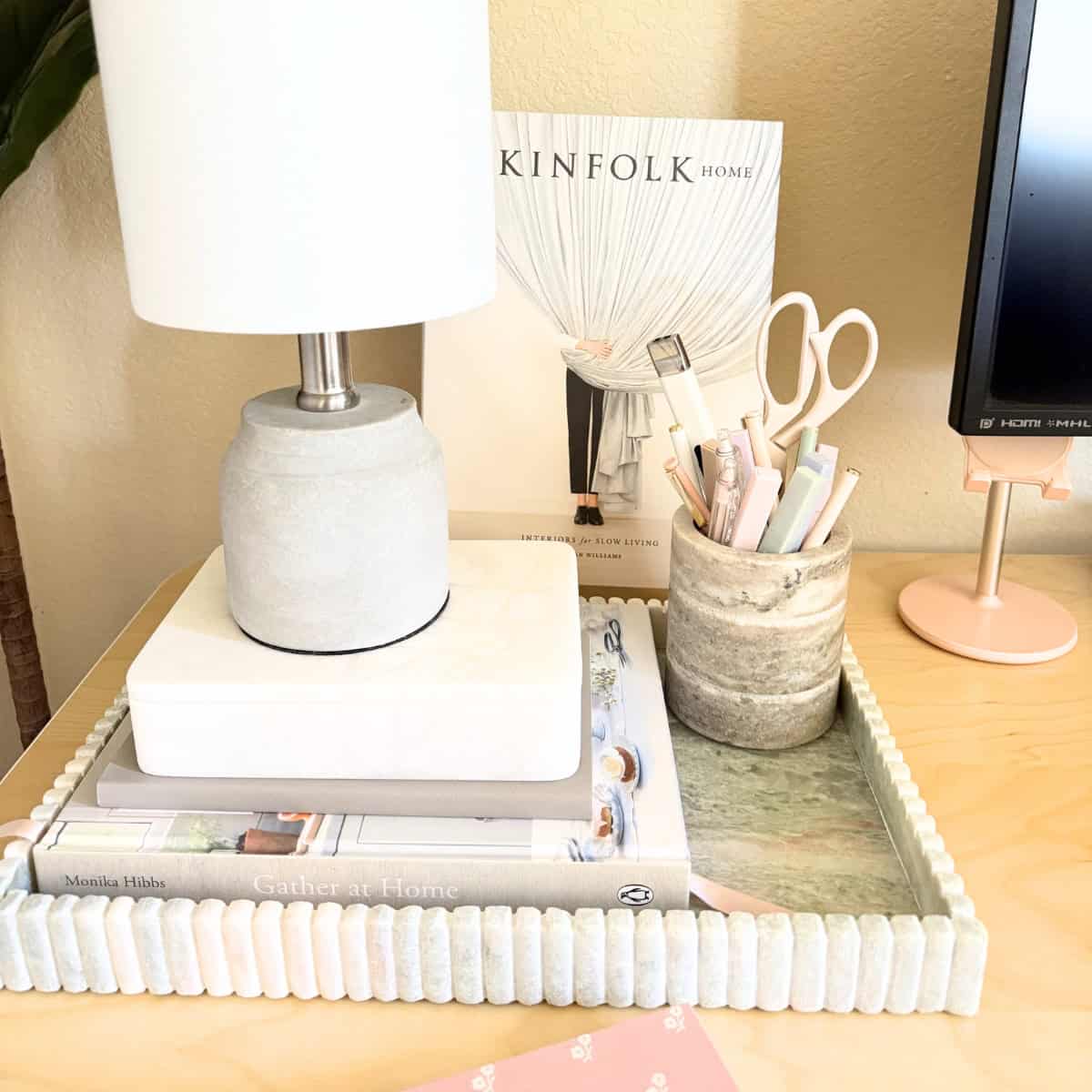 desk styled with books