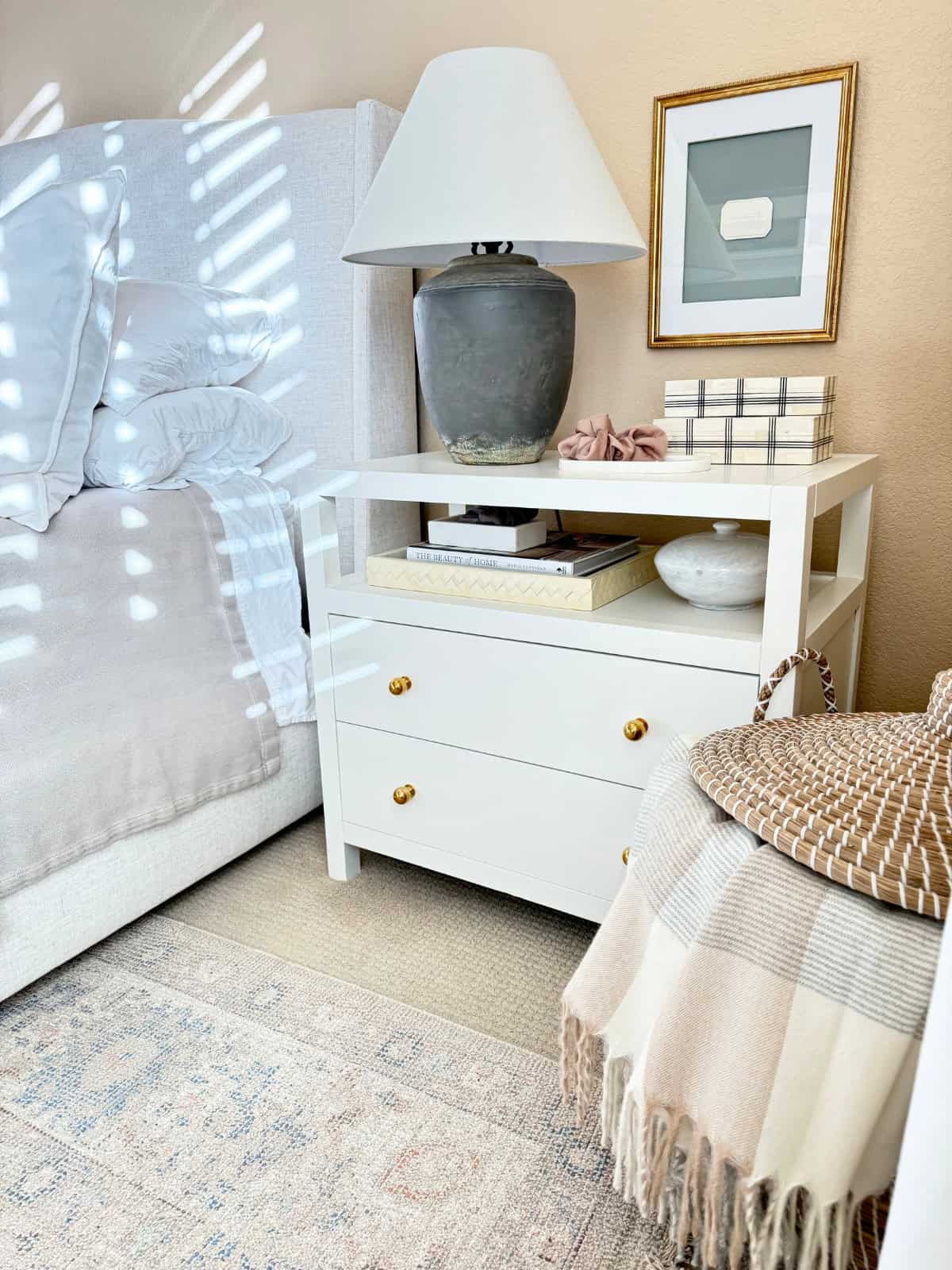 brass ball knobs on white nightstand dresser