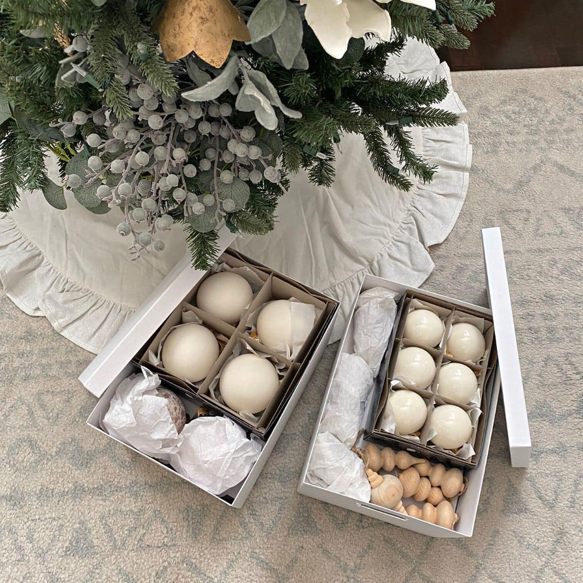 ornaments stored in white boxes