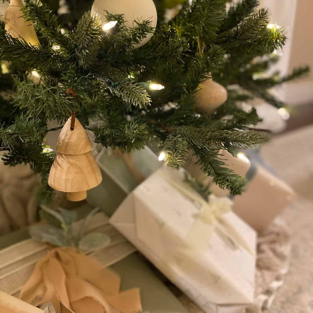 Wood tree Christmas ornaments on a tree