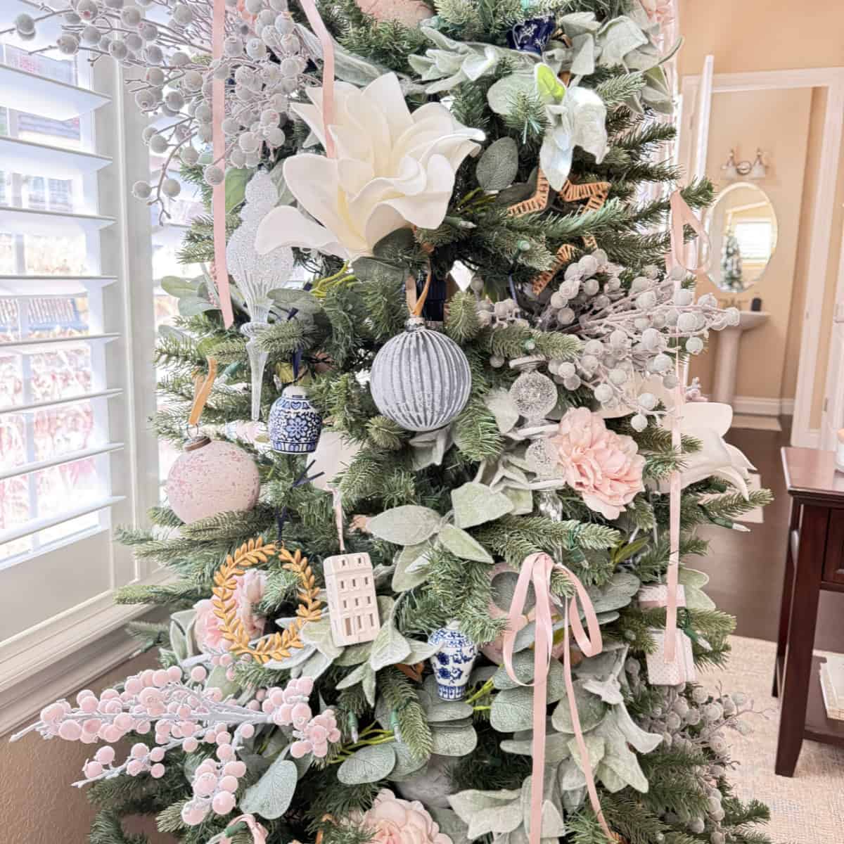 christmas tree decorated with flowers