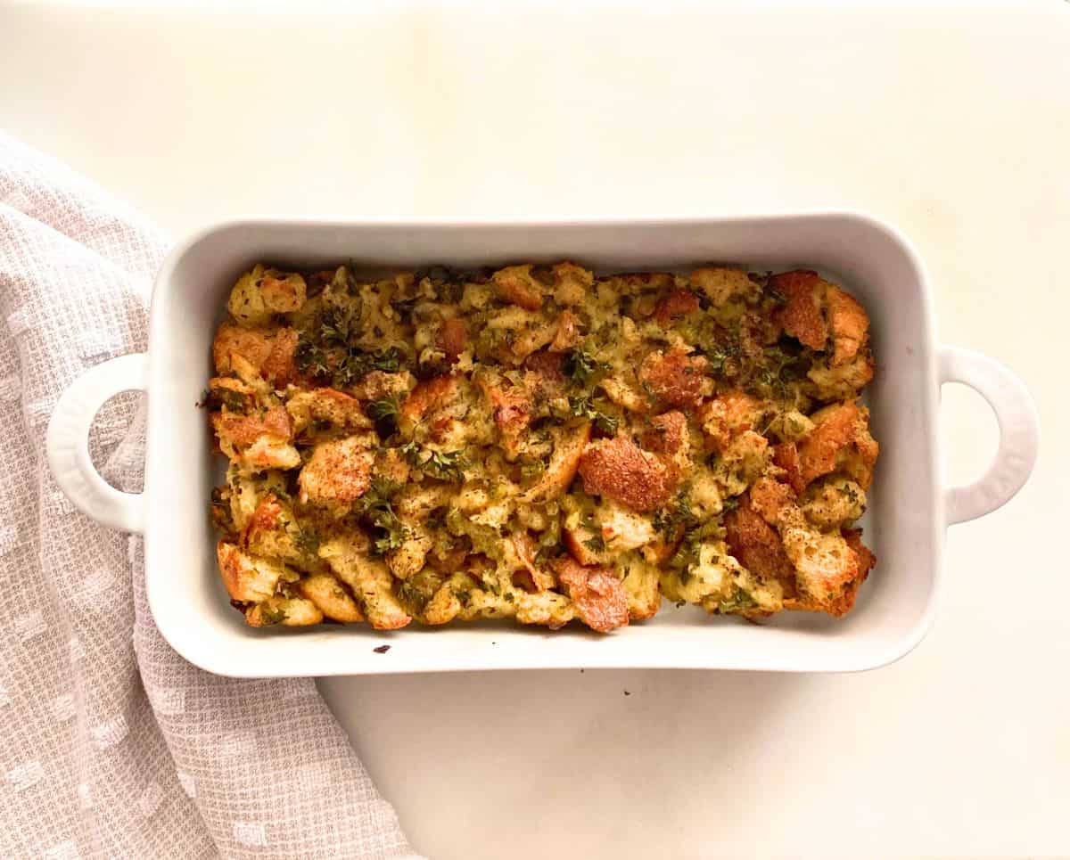 oven baked sage stuffing in baker