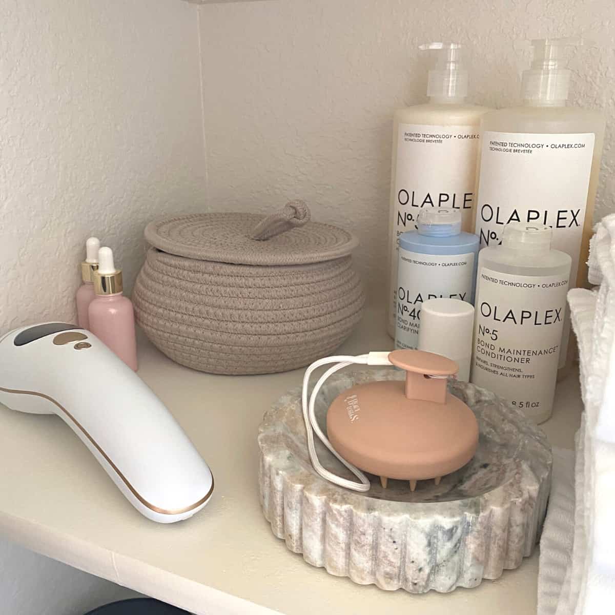 Bathroom items in a closet