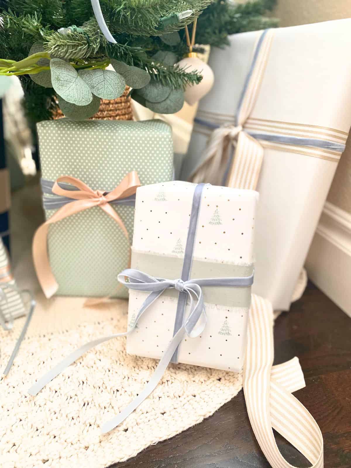 green and white gift wrapped presents