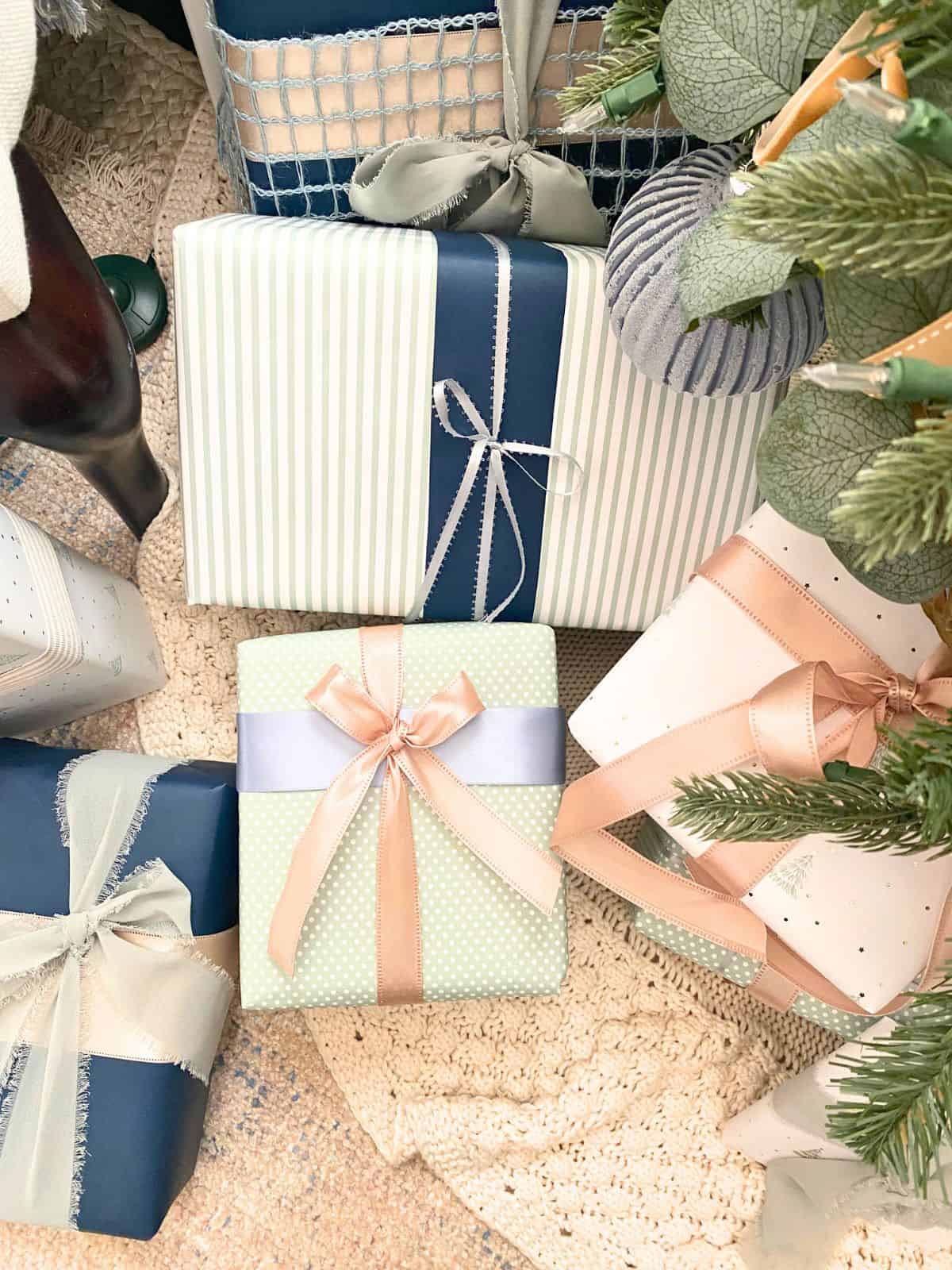 christmas presents wrapped in stripes and polka dots