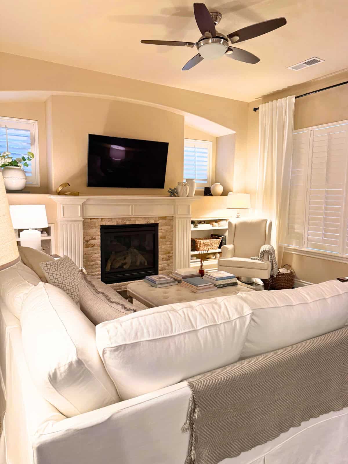 cozy living room at golden hour