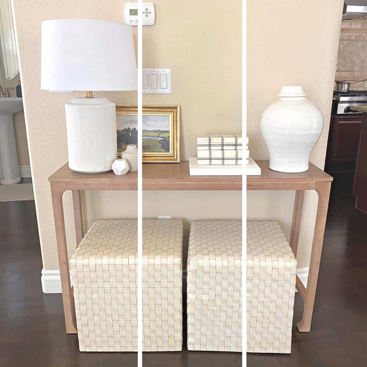 Console table depicting the design principle of the rule of thirds, with two white lines splitting the table