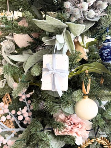 mini diy present ornament hanging on christmas tree