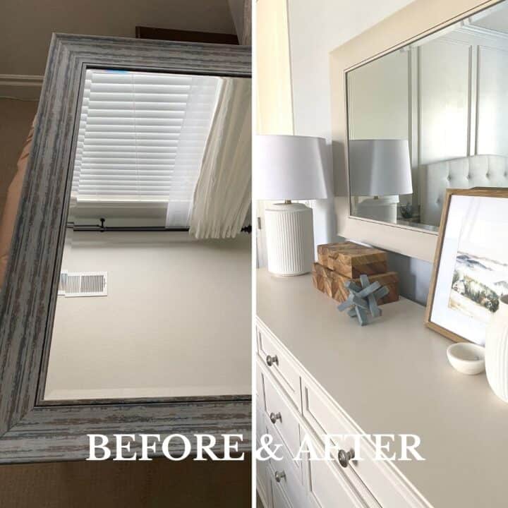DIY mirror frame makeover, depicting the gray-blue frame before on the left, next to the finished painted frame on the right. The right image is styled hung above a white dresser with a lamp on the far left, stacked herringbone wood boxes in the middle and framed artwork on the far right, with a vase and small marble bowl in front of the artwork.