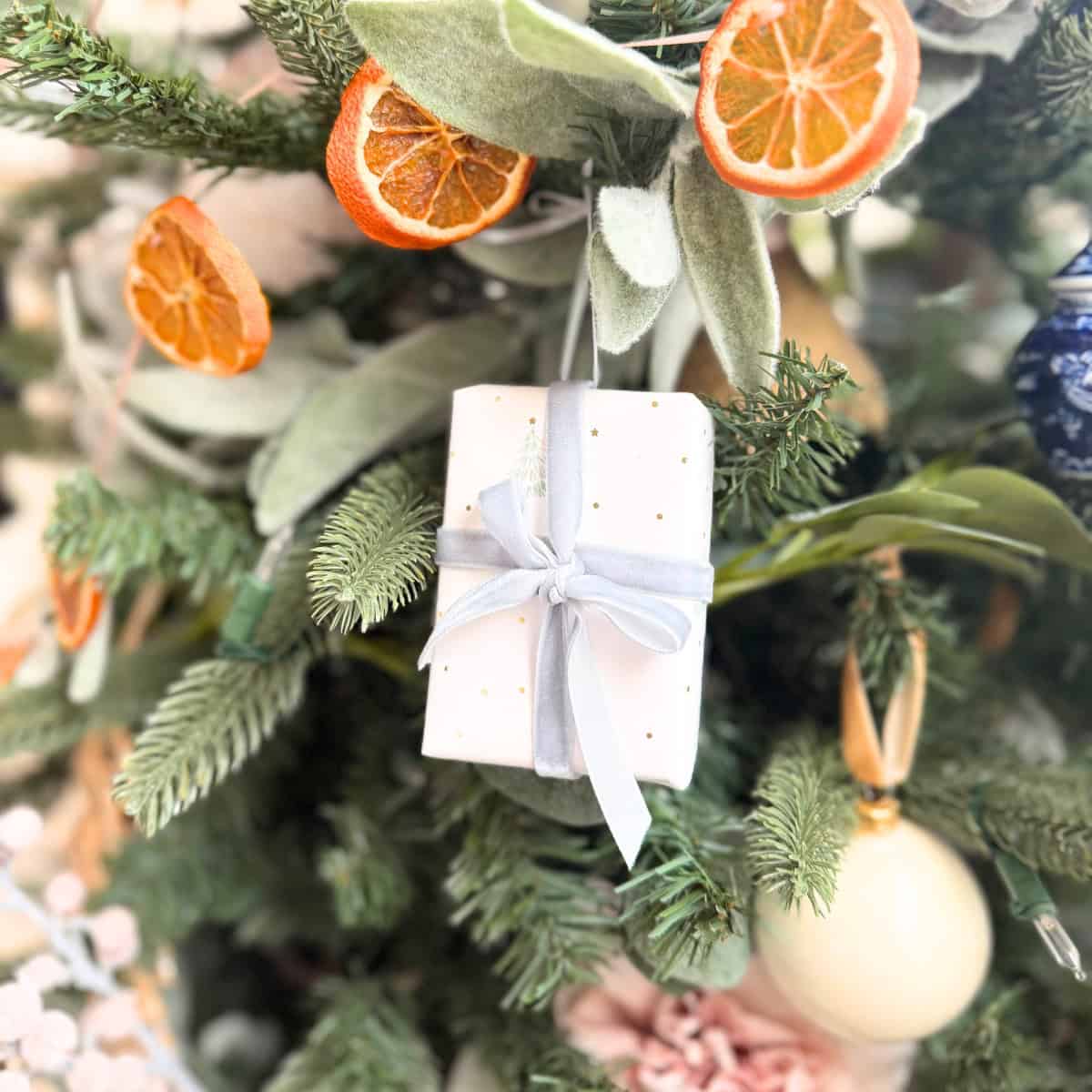diy tiny christmas present ornament on tree