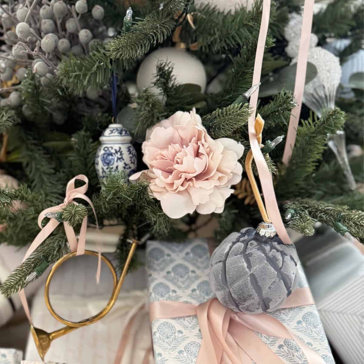 faux blush pink peonies on christmas tree