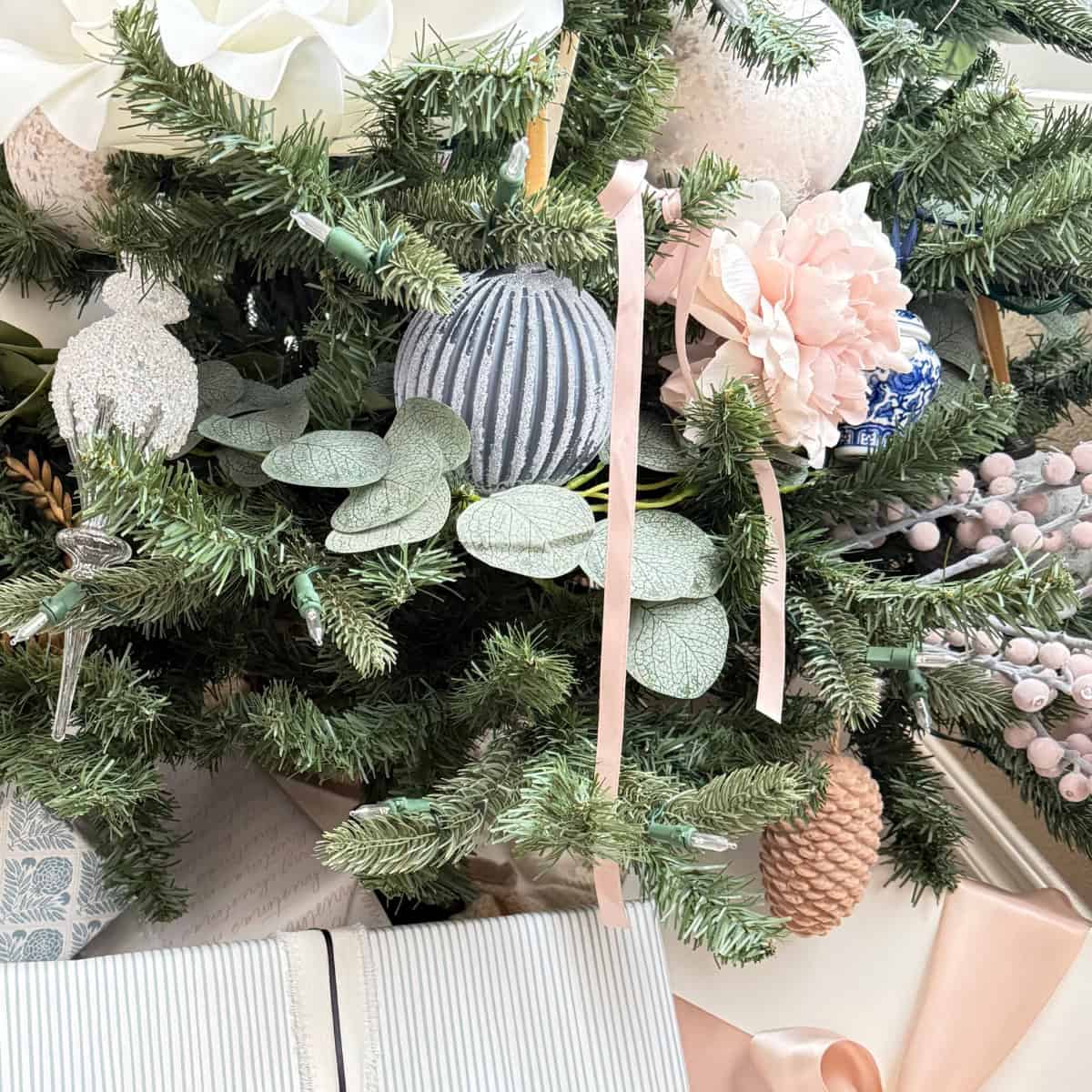 faux eucalyptus garland on christmas tree