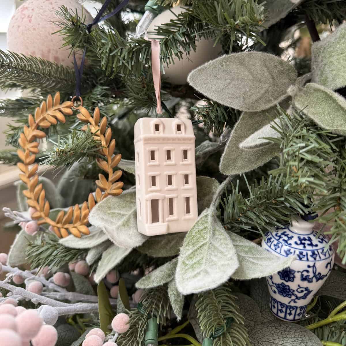 faux lambs ear garland on christmas tree