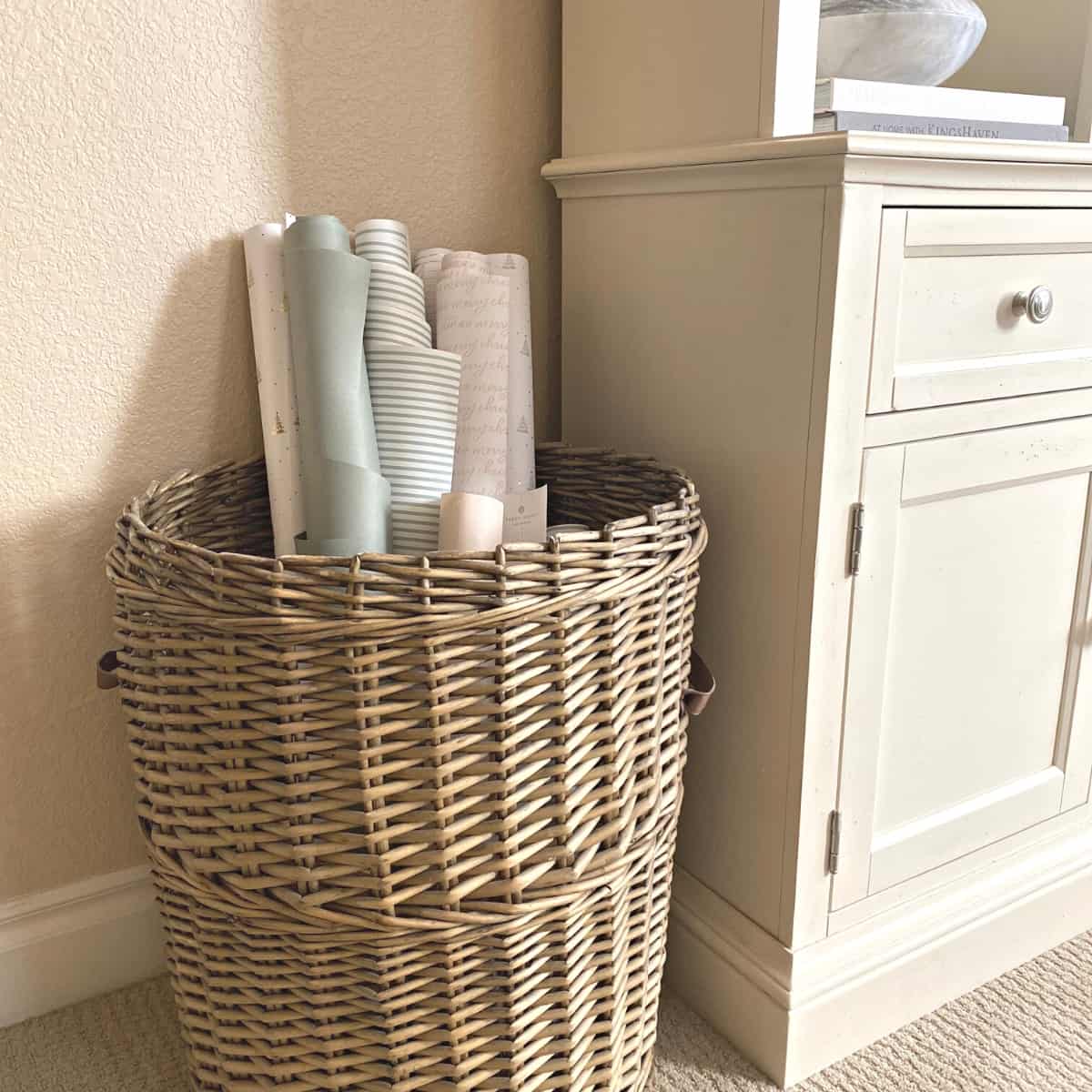 Wrapping paper in a tall woven basket