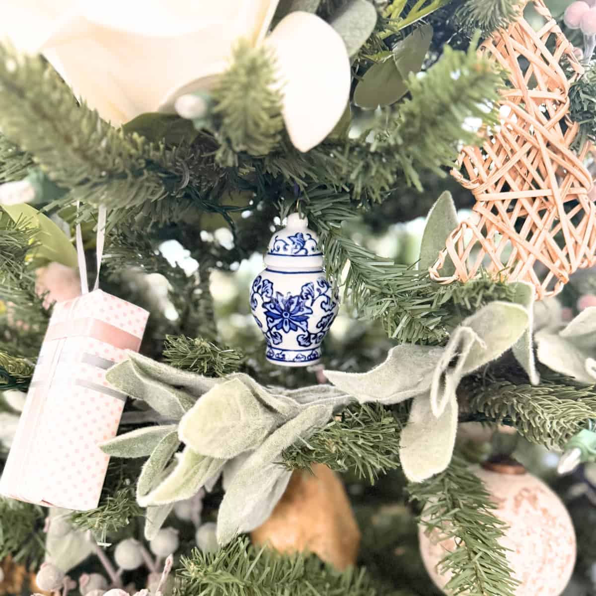 ginger jar christmas ornament styled on tree