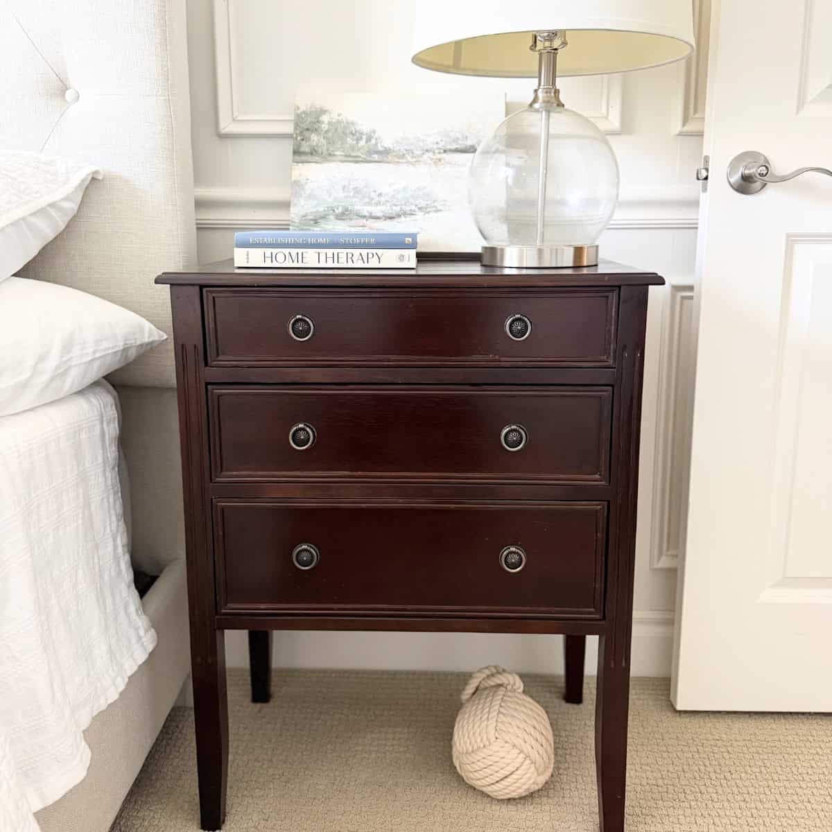 dark wood nightstand styled