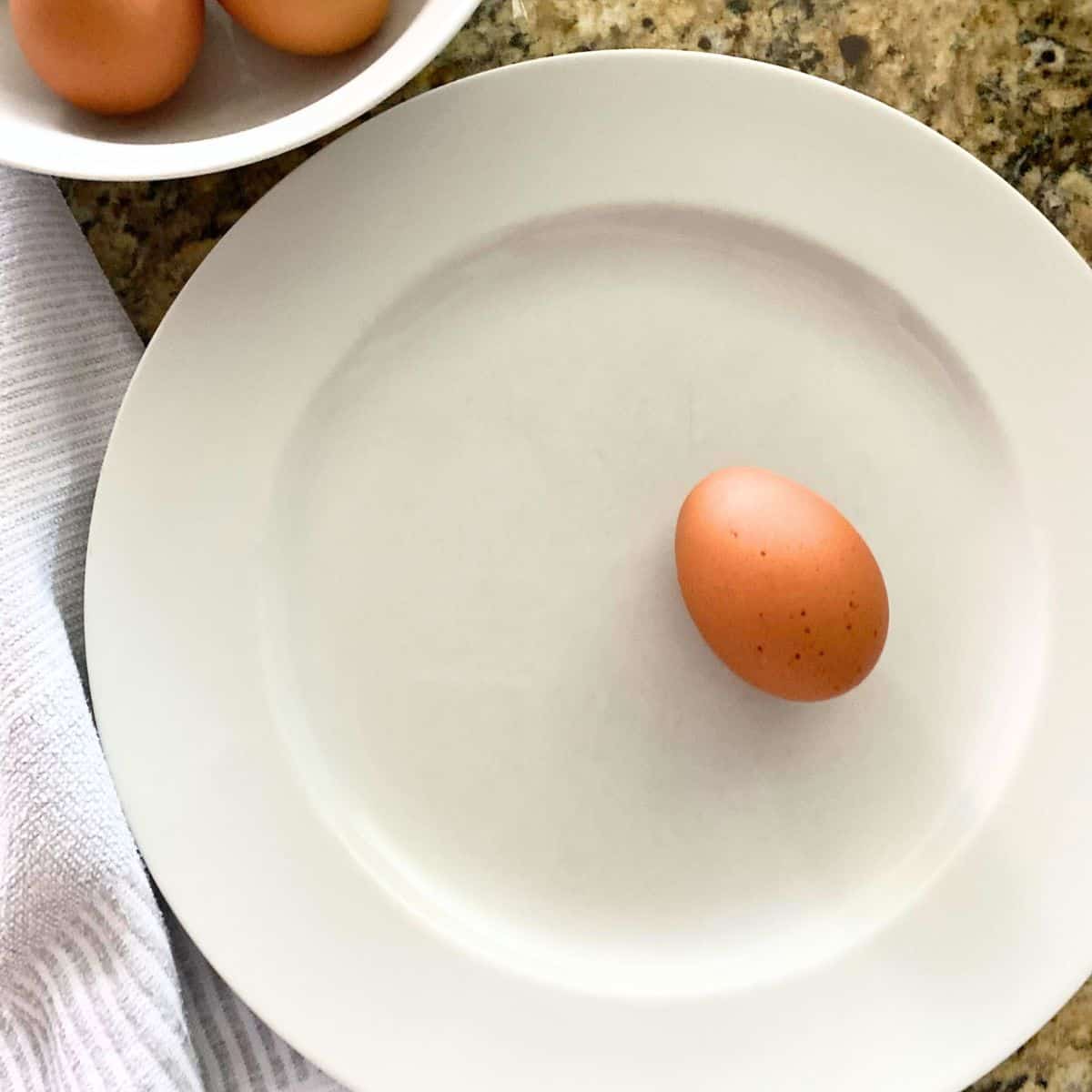 One brown hard boiled egg on a white plate