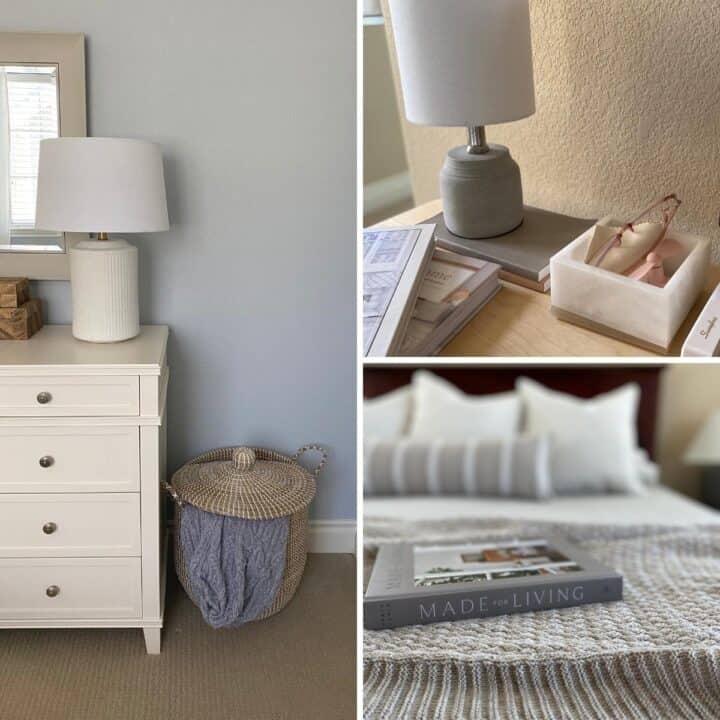 Picture split into unequal thirds. At left is a partial white dresser with a white table lamp and grey-framed mirror behind. A large basket sits beside and has a blue wool blanket peeking out. The top image on the right is of a desk with tiny grey lamp, partial books and an alabaster box with accessories inside. The bottom image is the Made for Living book on a cable knit brown heathered bed blanket.