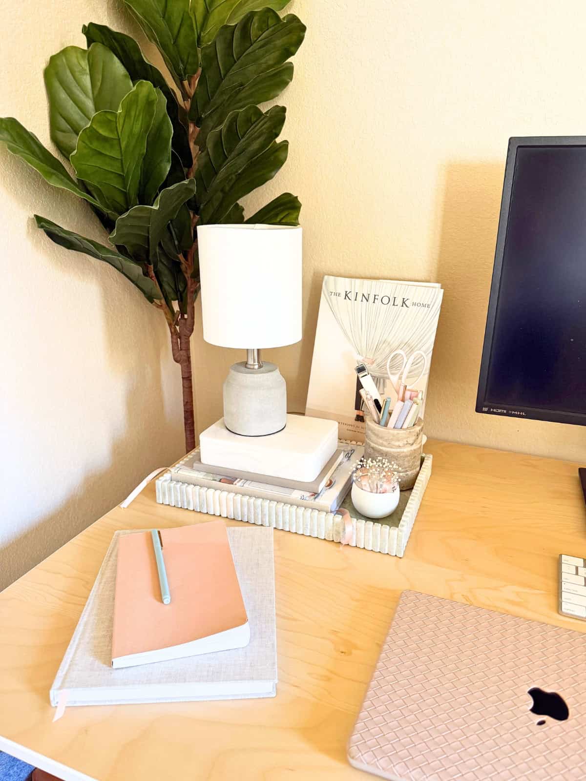 home office supplies and decor in a pretty tray