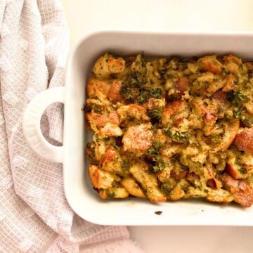 homemade stuffing in porcelain baker