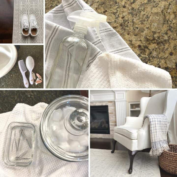 Decorative photo collage of the photos used in the post: top left shoes, top right spray bottle on kitchen counter, top left bottom is of styling tools on a bathroom counter, bottom left glass container with tweezers soaking and bottom right a wing back chair.