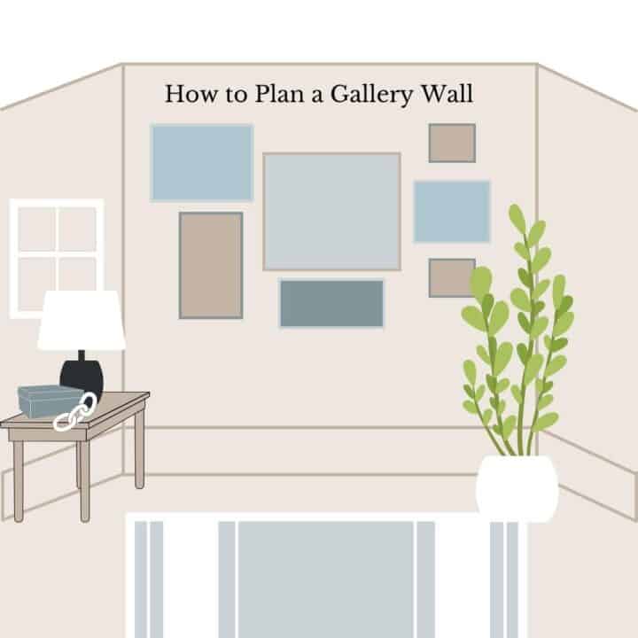 Graphic illustration of how to plan a gallery wall, depicting boxes representing wall art arranged on a wall.