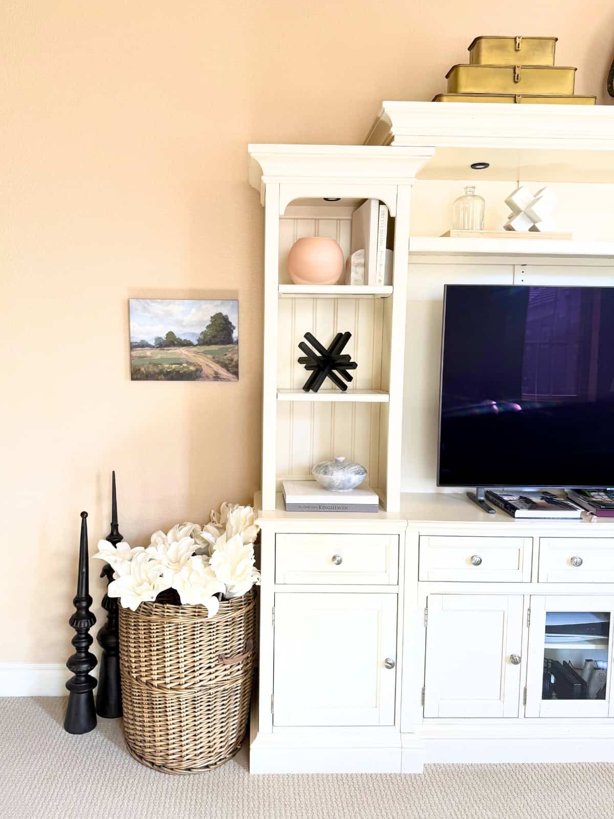 media center shelves styled with different objects