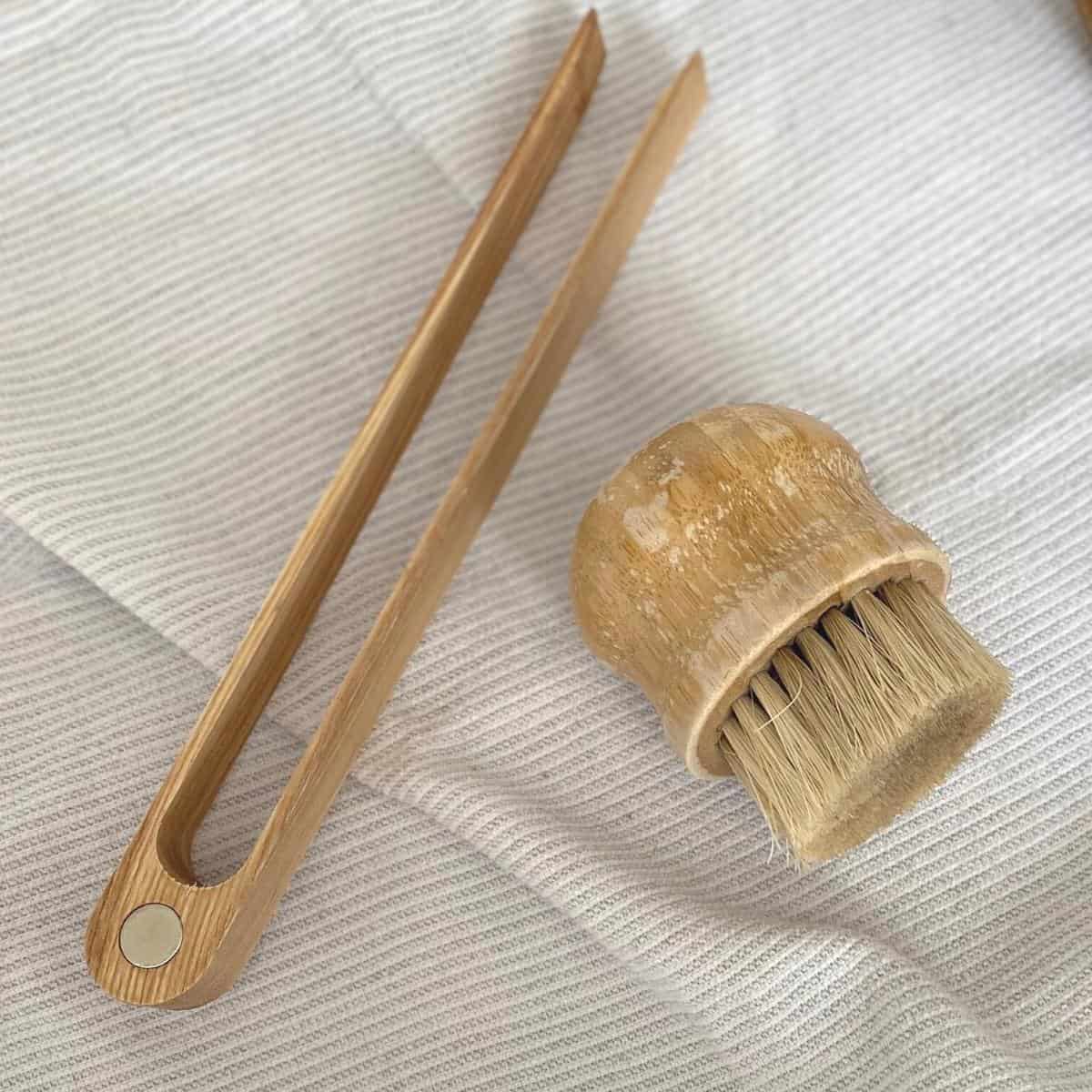 Wood toast tongs and vegetable brush