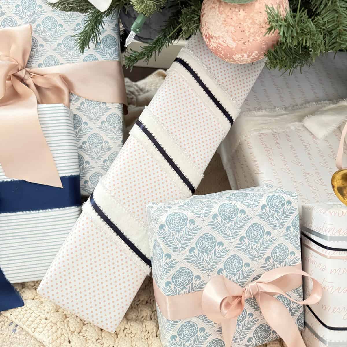 white and blue ribbons layered on a present