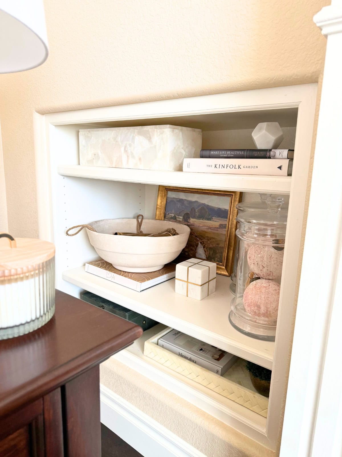 shelves styled with decor