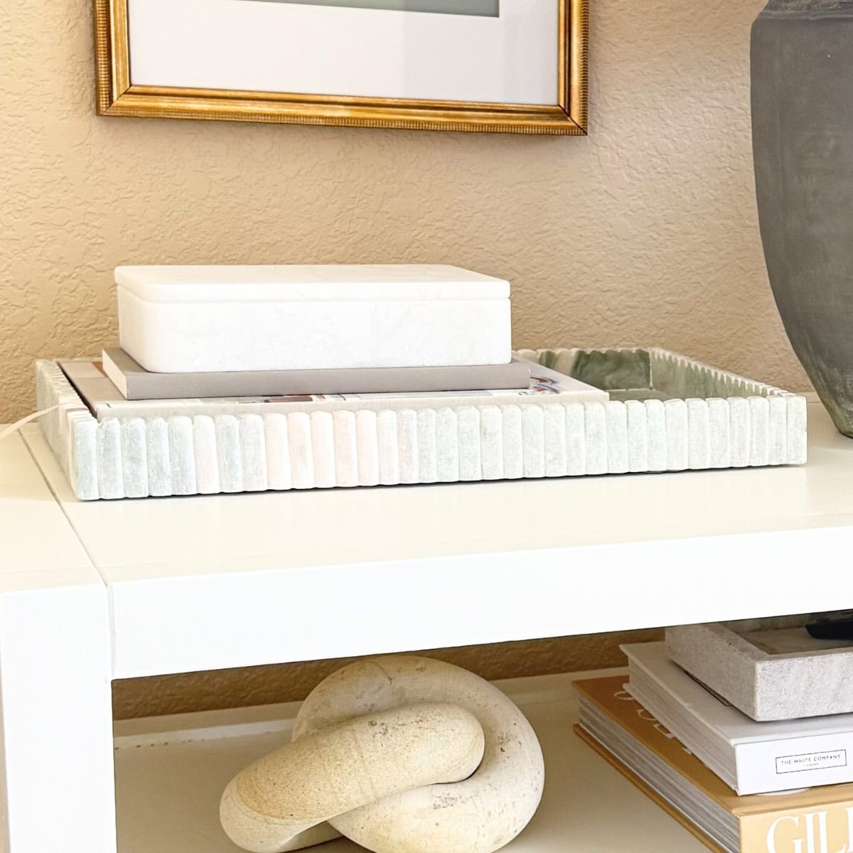 decorated marble tray on nightstand