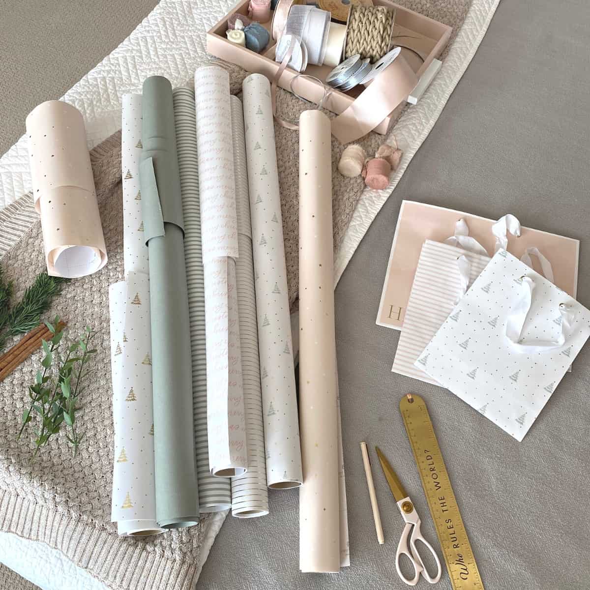 Gift wrapping supplies, including ribbon, wrapping paper and scissors