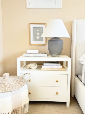 basket styled next to nightstand