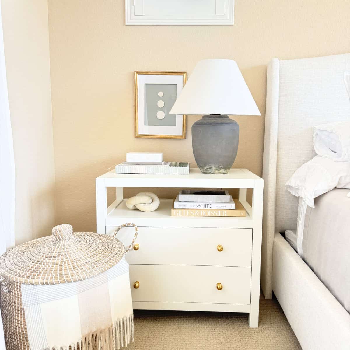 basket styled next to nightstand
