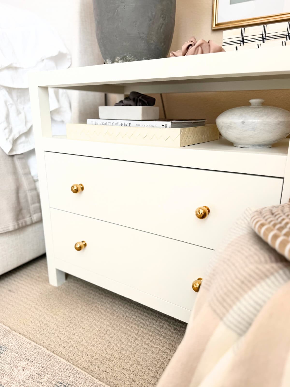 unlacquered brass ball knobs on white  nightstand dresser