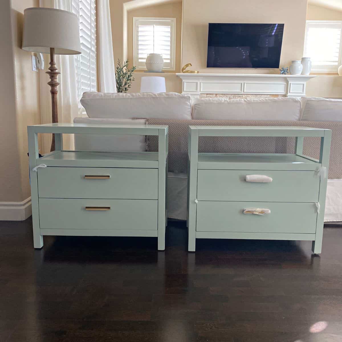 mint green nightstands with shelf and two drawers