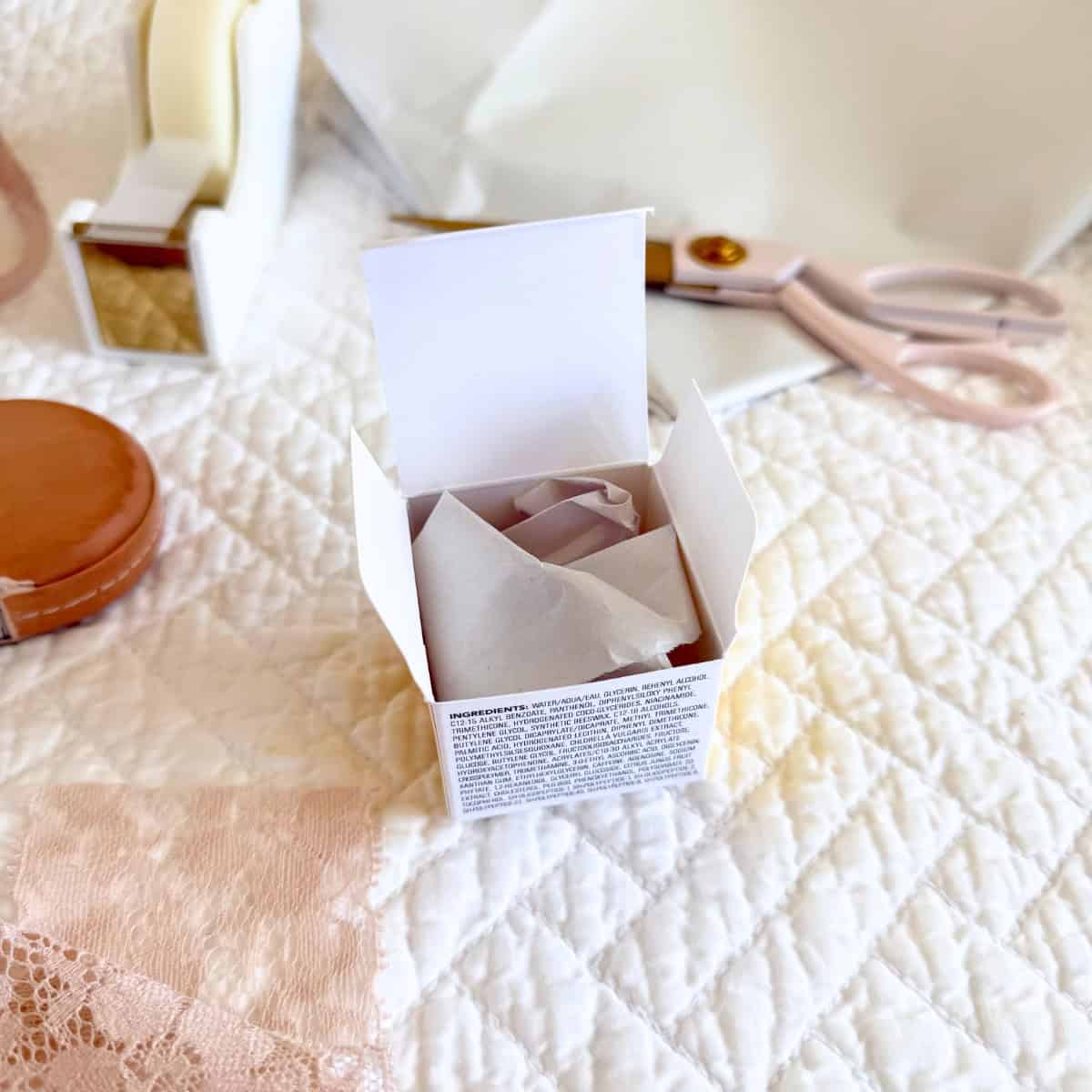 mini box stuffed with scrap paper