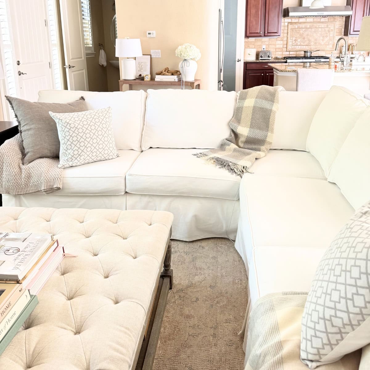 white slipcovered sofa in living room