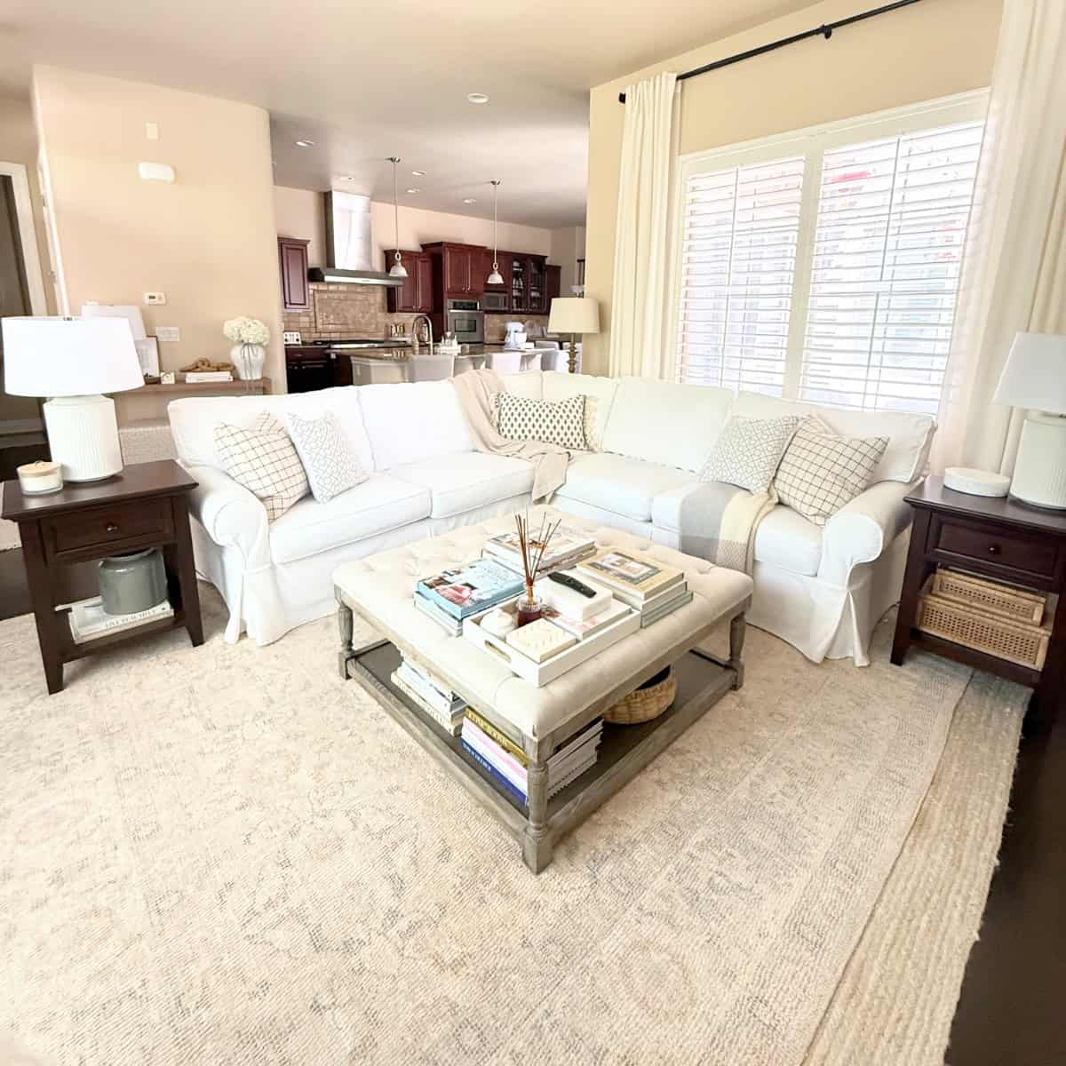 living room with white slipcovered sofa
