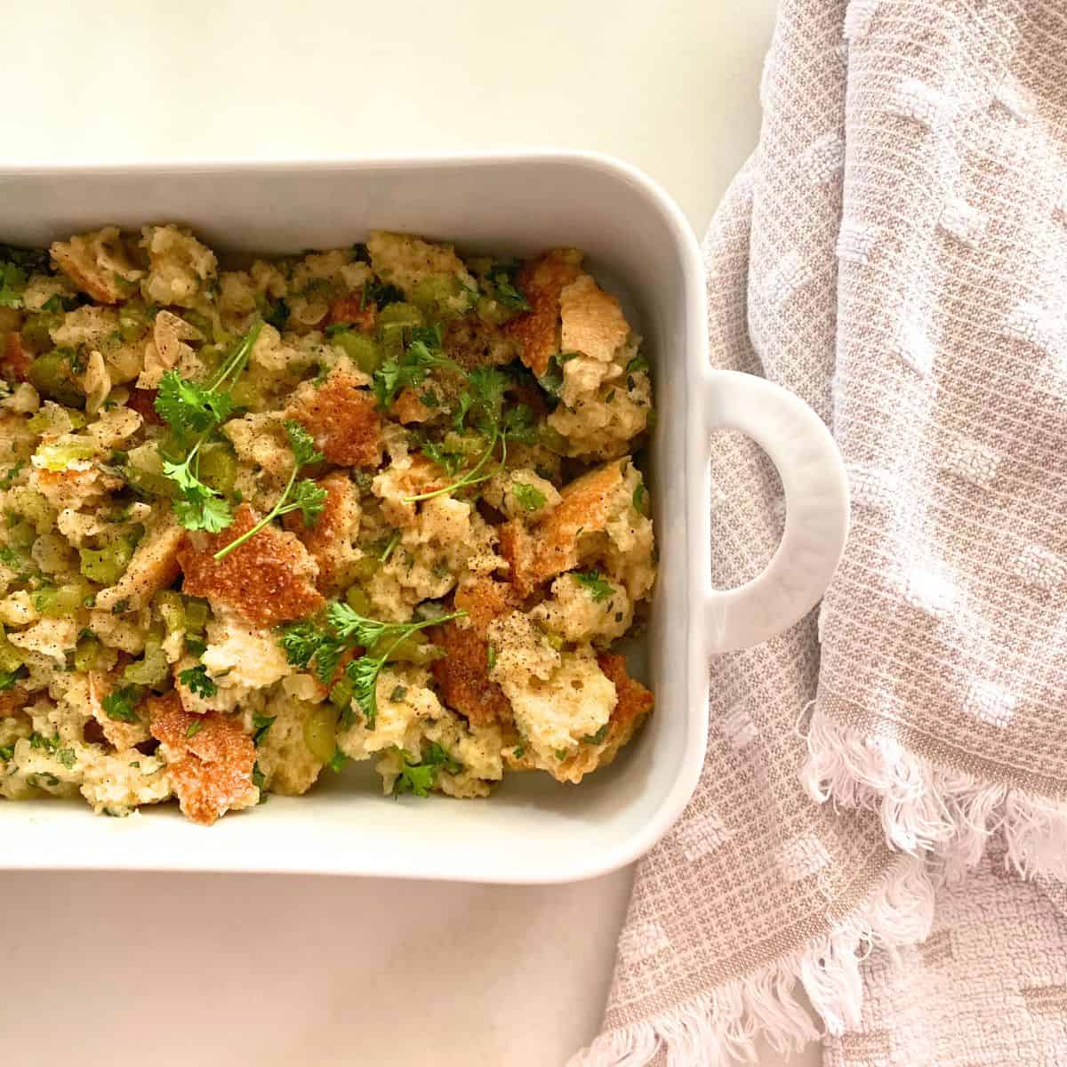 pre-baked stuffing in porcelain baker