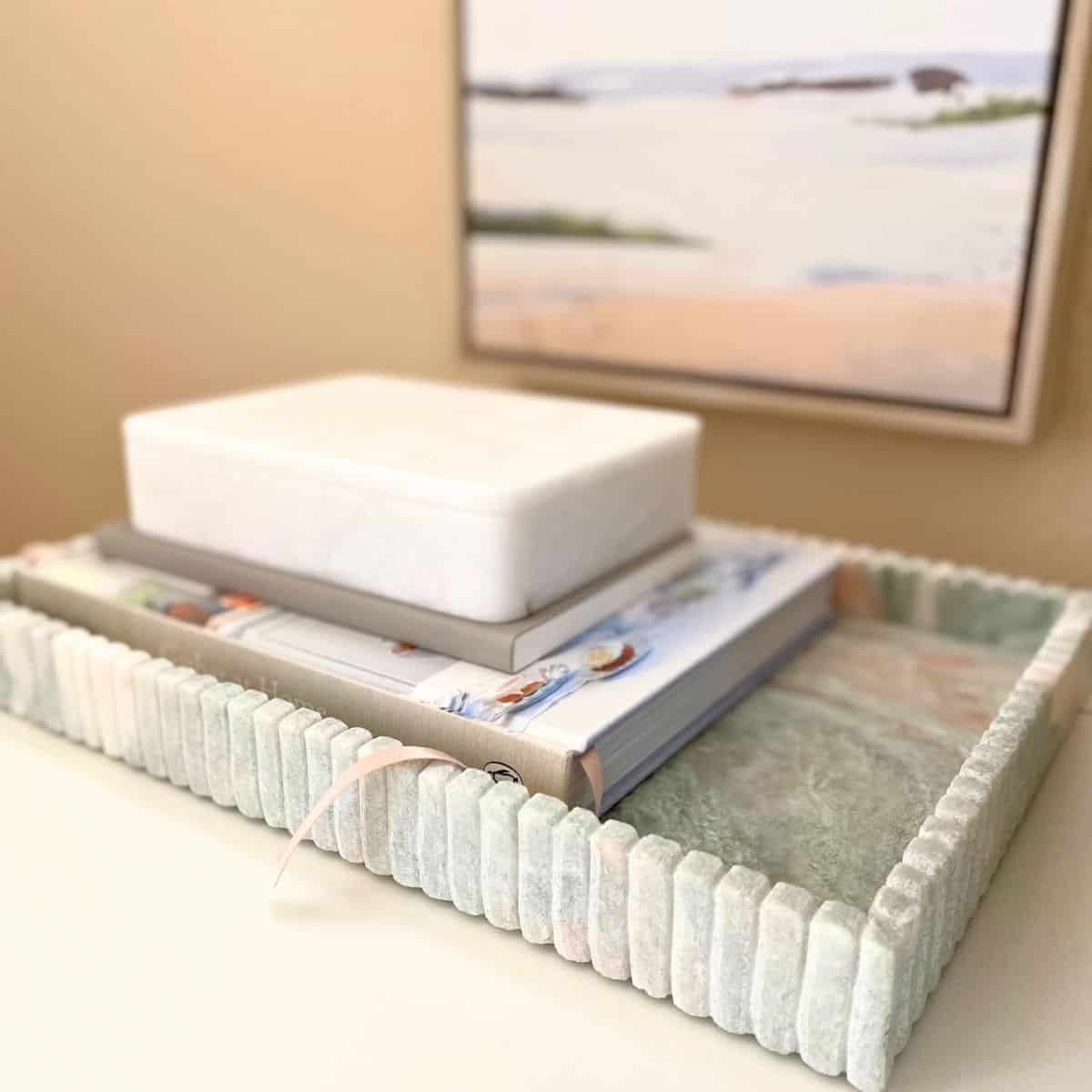 pastel marble fluted tray with books